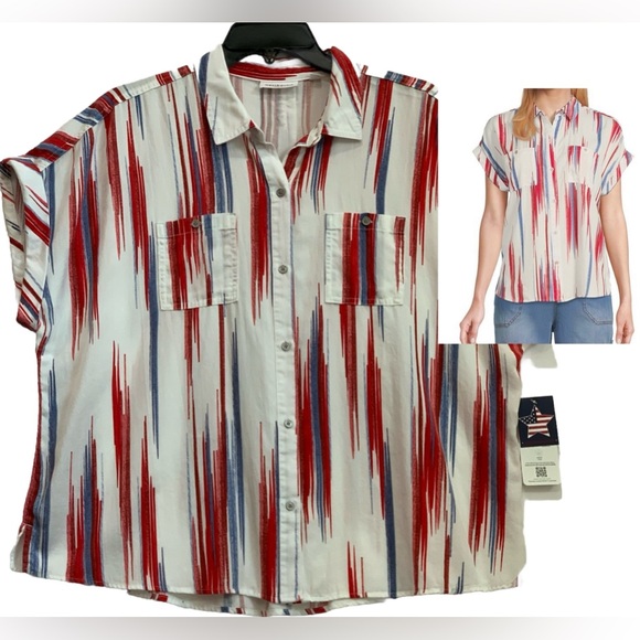 NWT Westbound Petites XL Red White Blue Short Sleeve Point Collar Button Blouse - Picture 1 of 11